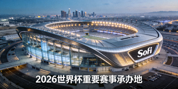洛杉矶SoFi体育场现代感十足的外部轮廓与顶棚，将承办2026世界杯重要赛事